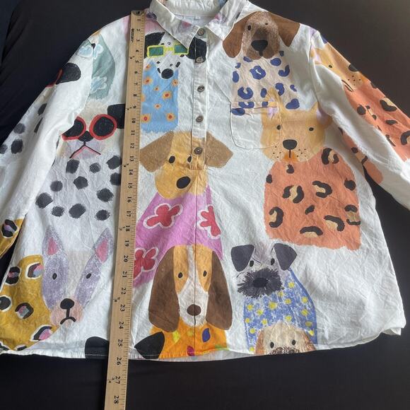 Dog Print Shirt Womens Small Colorful Button Down Oversized Long Sleeve Cute Art - Picture 5 of 7